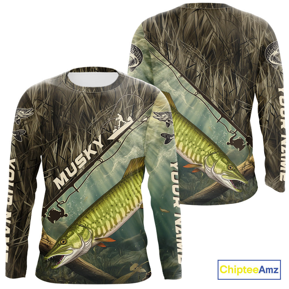 Grass Camo Custom Musky Fishing Long Sleeve Tournament UV Protection Fishing Shirts IPHW9350