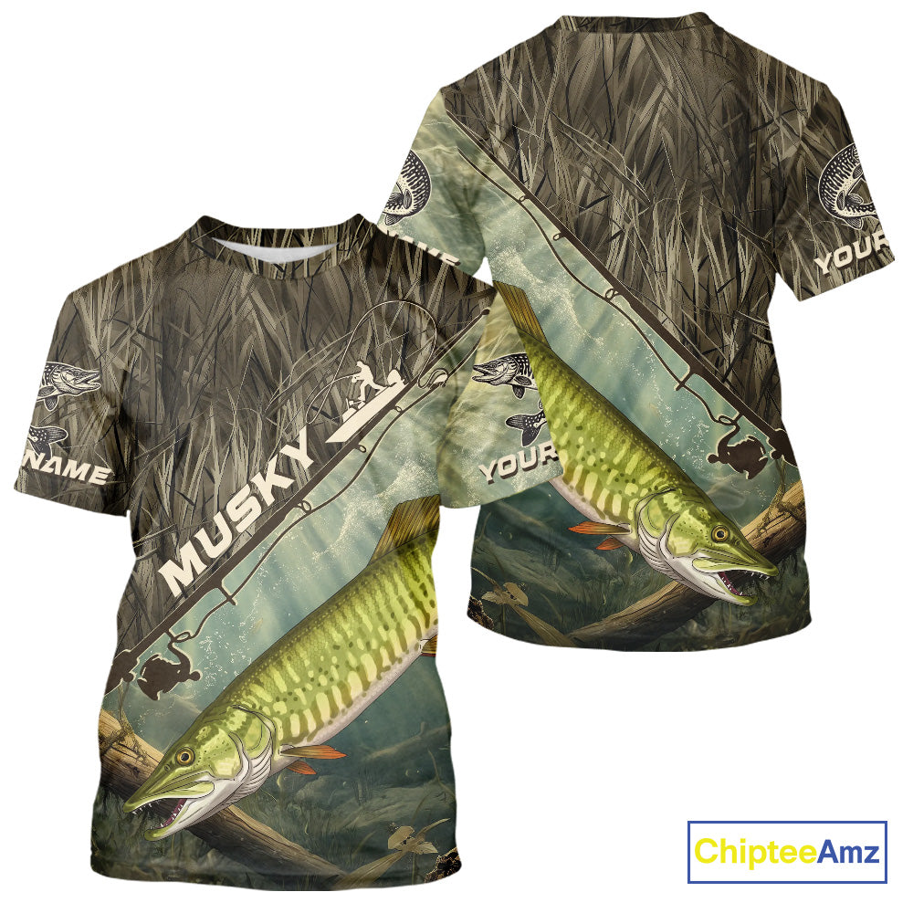 Grass Camo Custom Musky Fishing Tournament UV Protection Fishing T-Shirts IPHW9350