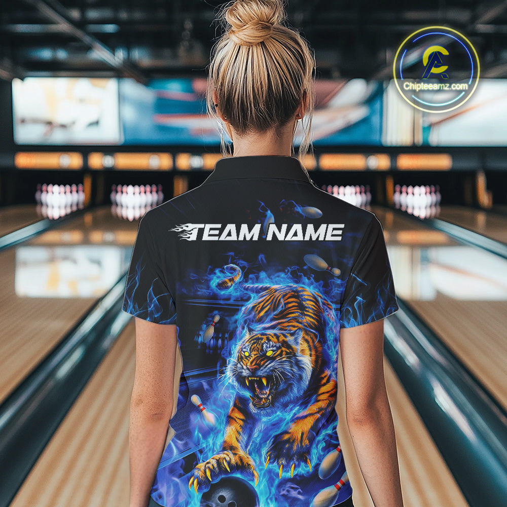 Custom Blue Fire Flame Tiger Bowling Team Women Quarter-Zip Shirts, Tiger Bowling Jerseys IPHW9481