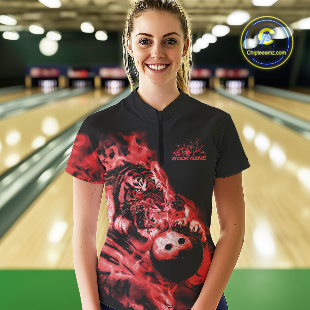 Custom Red Fire Flame Tiger Bowling Jerseys, Bowling Team Women Quarter-Zip Shirts IPHW9488