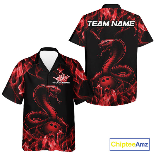 Custom Black And Red Flame Cobra Snake Bowling Men And Women Shirts, Bowling League Shirt IPHW10765