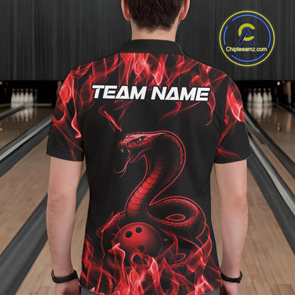 Custom Black And Red Flame Cobra Snake Bowling Men Shirts, Bowling League Shirt IPHW10765