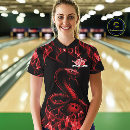 Custom Black And Red Flame Cobra Snake Bowling Women Shirts, Bowling League Shirt IPHW10765