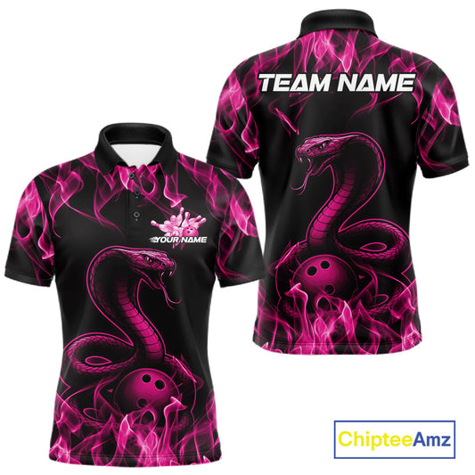 Custom Black And Pink Flame Cobra Snake Bowling Men Shirts, Bowling League Shirt IPHW10766