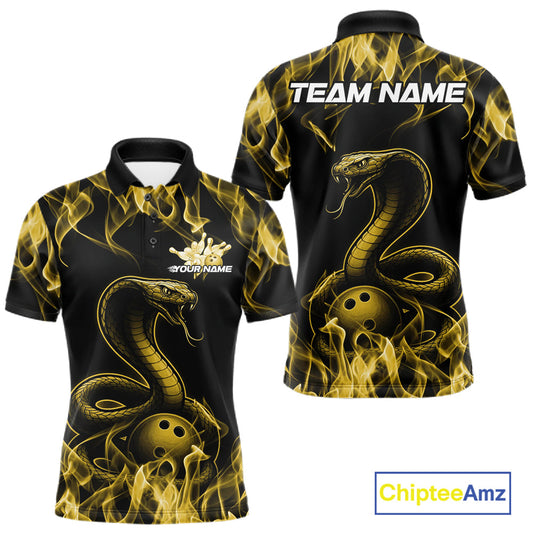 Custom Black And Yellow Flame Cobra Snake Bowling Men Shirts, Bowling League Shirt IPHW10768