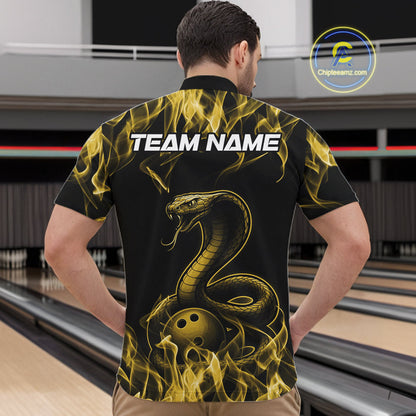 Custom Black And Yellow Flame Cobra Snake Bowling Men Shirts, Bowling League Shirt IPHW10768