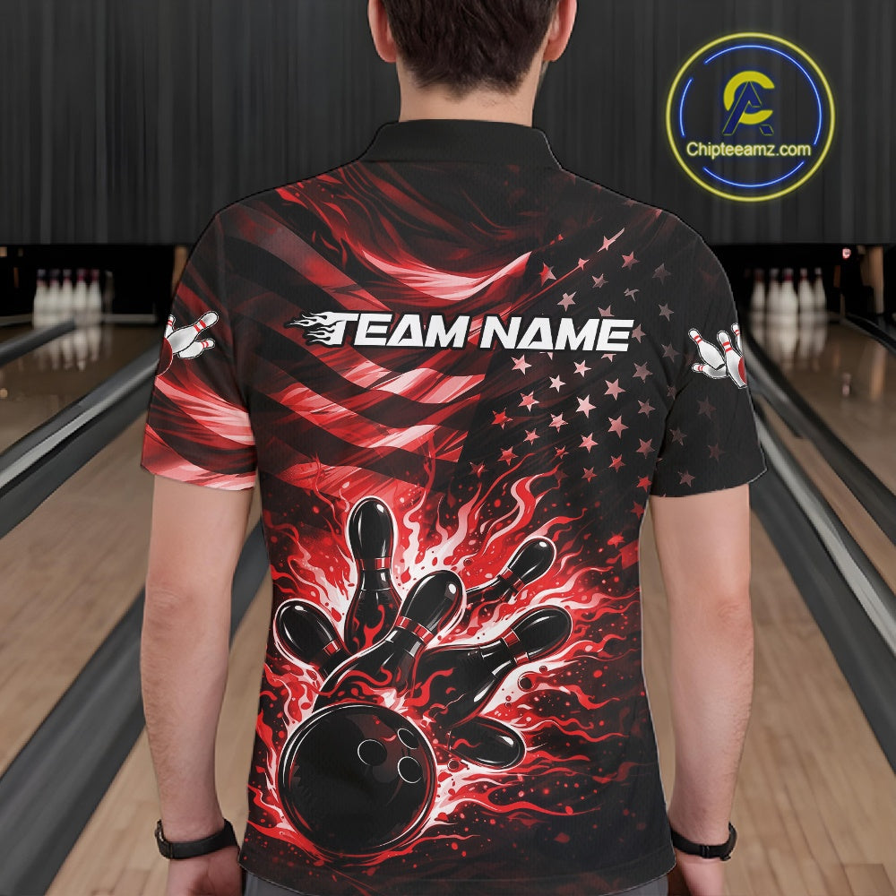 Back view of a male model in a black bowling polo shirt displaying red flame bowling strike artwork and distressed flag accents.