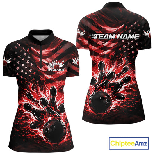 Front and back views of a black womens bowling quarter-zip shirt featuring a red flame bowling ball striking pins and distressed American flag artwork.