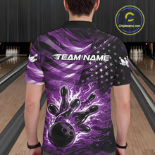 Load image into Gallery viewer, Custom Black And Purple Patriotic Fire Flame Men Bowling Shirt, US Flag Bowling Jerseys IPHW11000