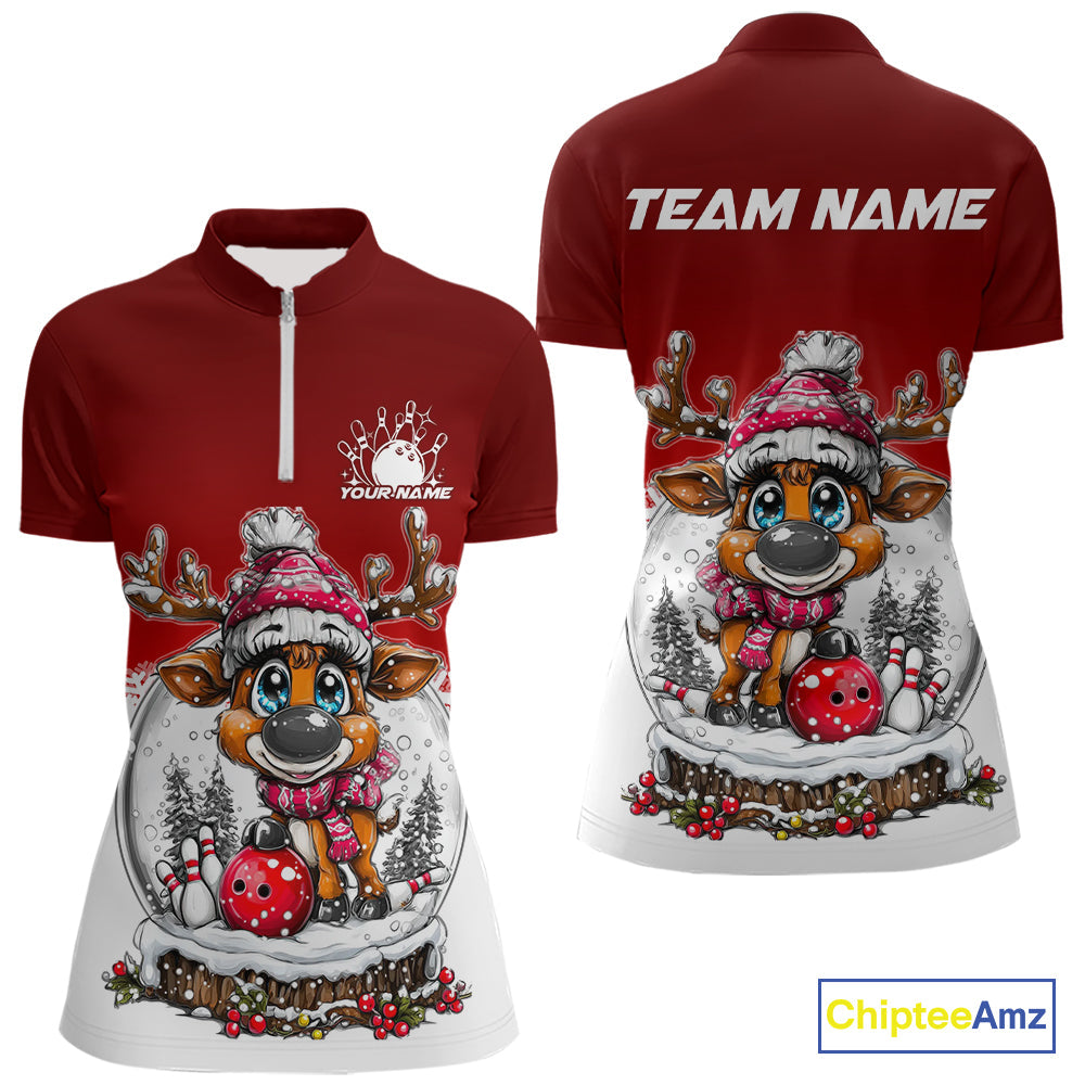 Custom Cute Funny Reindeer Christmas Bowling Women Quarter-Zip Shirt, Xmas Bowling Shirt IPHW10114