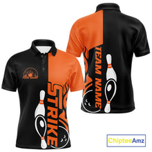 Load image into Gallery viewer, Custom Black And Orange Flame Strike Bowling Men Polo Shirt, Bowling Tournament Shirt IPHW10250