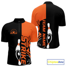 Load image into Gallery viewer, Custom Black And Orange Flame Strike Bowling Men Quarter-Zip Shirt, Bowling Tournament Shirt IPHW10250