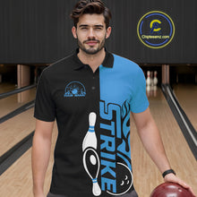 Load image into Gallery viewer, Custom Black And Blue Flame Strike Bowling Men Polo Shirt, Bowling Tournament Shirt IPHW10251