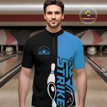 Load image into Gallery viewer, Custom Black And Blue Flame Strike Bowling Men Quarter-Zip Shirt, Bowling Tournament Shirt IPHW10251