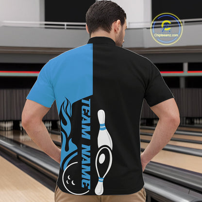 Custom Black And Blue Flame Strike Bowling Men Quarter-Zip Shirt, Bowling Tournament Shirt IPHW10251