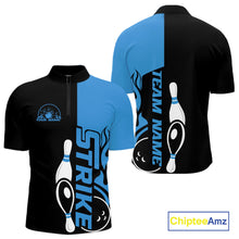 Load image into Gallery viewer, Custom Black And Blue Flame Strike Bowling Men Quarter-Zip Shirt, Bowling Tournament Shirt IPHW10251