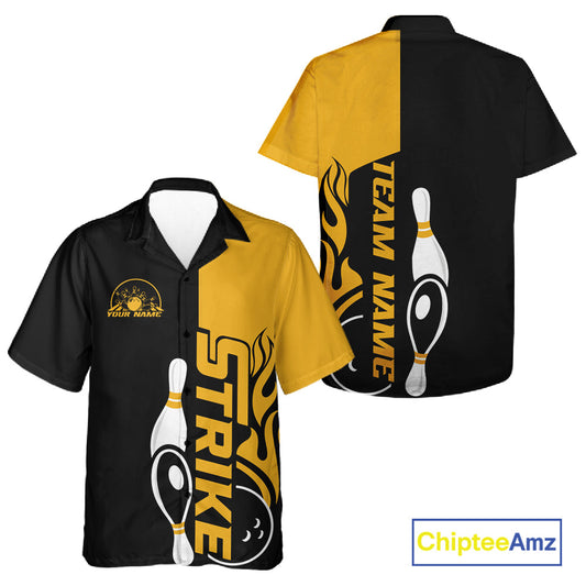 Custom Black And Gold Flame Strike Bowling Men And Women Hawaiian Shirt, Bowling Tournament Shirt IPHW10253