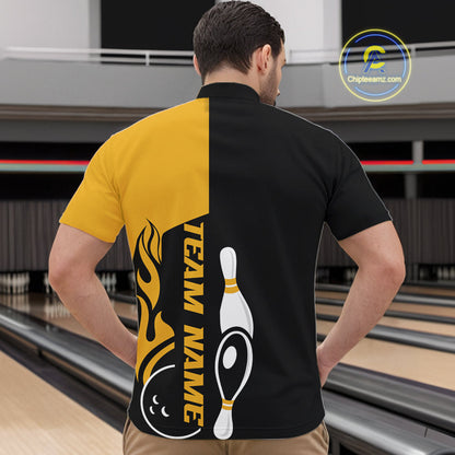 Custom Black And Gold Flame Strike Bowling Men Quarter-Zip Shirt, Bowling Tournament Shirt IPHW10253
