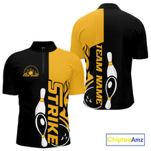 Load image into Gallery viewer, Custom Black And Gold Flame Strike Bowling Men Quarter-Zip Shirt, Bowling Tournament Shirt IPHW10253