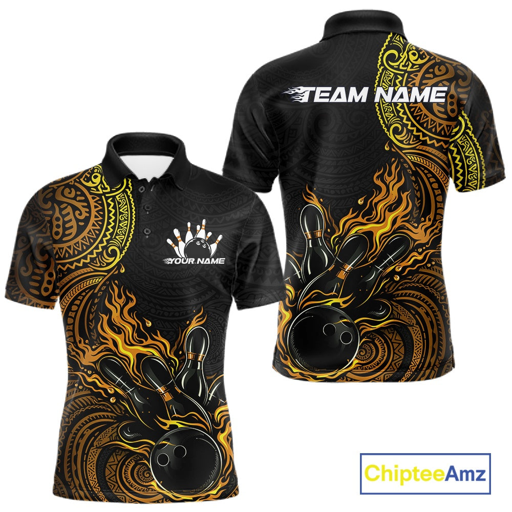 Custom Black And Yellow Tribal Flame Bowling Ball Bowling Team Shirts, Polynesian Bowling Tournament Shirt IPHW10497