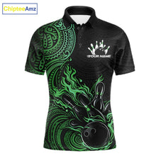 Load image into Gallery viewer, Custom Black And Green Tribal Flame Bowling Ball Bowling Team Shirts, Polynesian Bowling Tournament Shirt IPHW10498