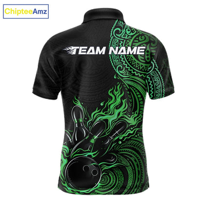 Custom Black And Green Tribal Flame Bowling Ball Bowling Team Shirts, Polynesian Bowling Tournament Shirt IPHW10498