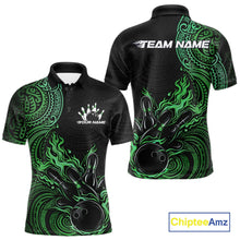 Load image into Gallery viewer, Custom Black And Green Tribal Flame Bowling Ball Bowling Team Shirts, Polynesian Bowling Tournament Shirt IPHW10498
