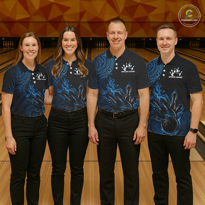 Custom Black And Blue Tribal Flame Bowling Ball Bowling Team Shirts, Polynesian Bowling Tournament Shirt IPHW10499