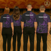 Load image into Gallery viewer, Custom Black And Purple Tribal Flame Bowling Ball Bowling Team Shirts, Polynesian Bowling Tournament Shirt IPHW10500