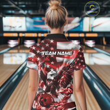 Load image into Gallery viewer, Custom Red Flaming American Flag Eagle Bowling Team Women Shirt, Patriotic Bowlers Outfit IPHW10779