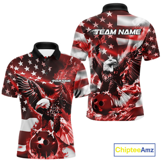 Custom Red Flaming American Flag Eagle Bowling Team Men Shirt, Patriotic Bowlers Outfit IPHW10779