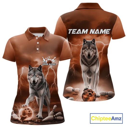Custom Orange Ligtning Wolf Bowling Team League Shirts For Women, Bowler Outfits IPHW10786