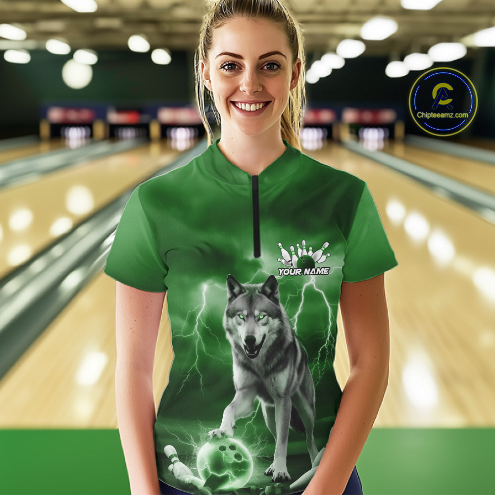 Custom Green Ligtning Wolf Bowling Team League Shirts For Women, Bowler Outfits IPHW10787