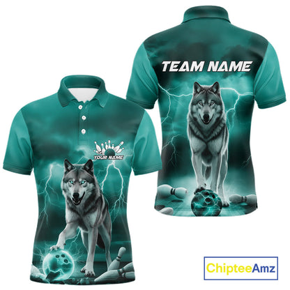 Custom Teal Blue Ligtning Wolf Bowling Team League Shirts For Men, Bowler Outfits IPHW10789