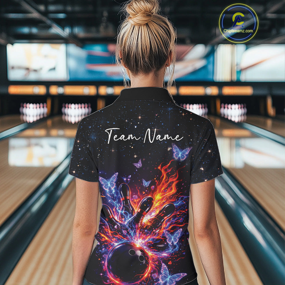 Back view of a female model wearing a black bowling polo shirt with glowing butterfly strike artwork.