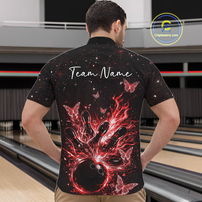 Front view of a male model in a black and red quarter-zip shirt with glowing butterfly bowling graphics.
