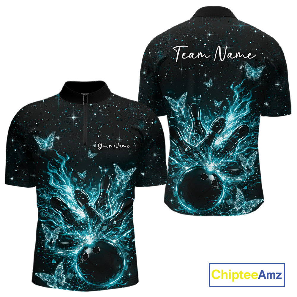 Front and back views of a black and turquoise blue mens bowling quarter-zip shirt with cosmic flaming bowling artwork.