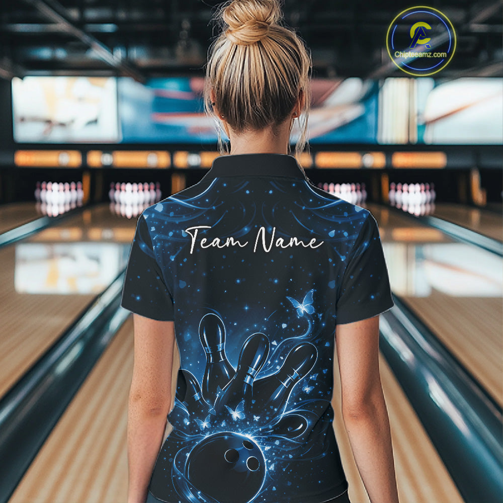 Back view of a female model in a black and blue bowling polo shirt featuring glowing bowling ball and pin graphics.