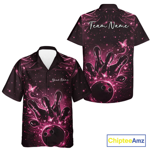 Front and back views of a black and pink button-up bowling shirt with glowing butterfly artwork surrounding bowling pins and a ball.