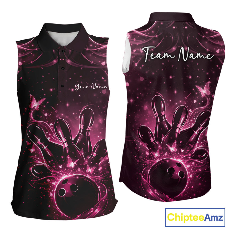 Front and back views of a womens sleeveless bowling shirt in black and pink with glowing butterflies surrounding a bowling ball and pins.