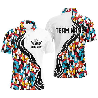 Colorful Bowling Pins Custom Bowling Polo Shirts For Men, Flame Bowling Outfits For Bowlers IPHW6951