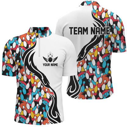 Colorful Bowling Pins Custom Bowling Polo Shirts For Men, Flame Bowling Outfits For Bowlers IPHW6951