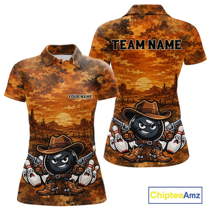 Custom Funny Western Cowboy Bowling Women Polo Shirts, Desert Camo Bowling Jerseys IPHW11638