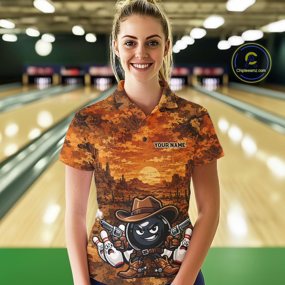 Custom Funny Western Cowboy Bowling Women Polo Shirts, Desert Camo Bowling Jerseys IPHW11638