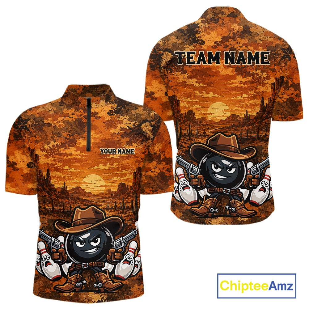 Custom Funny Western Cowboy Bowling Men Quarter Zip Shirts, Desert Camo Bowling Jerseys IPHW11638