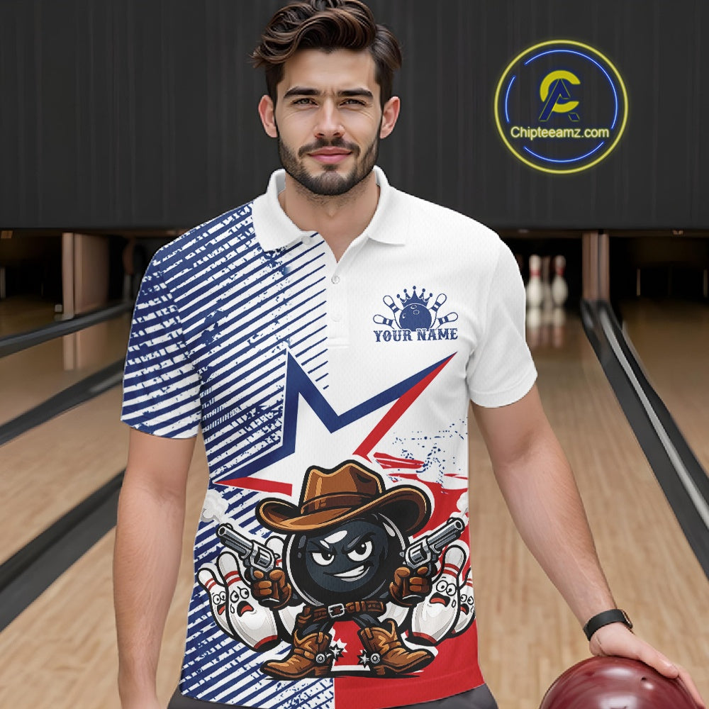 Custom Funny Texas Cowboy Bowling Men Polo Shirt, Texas Flag Bowling League Shirt IPHW11639