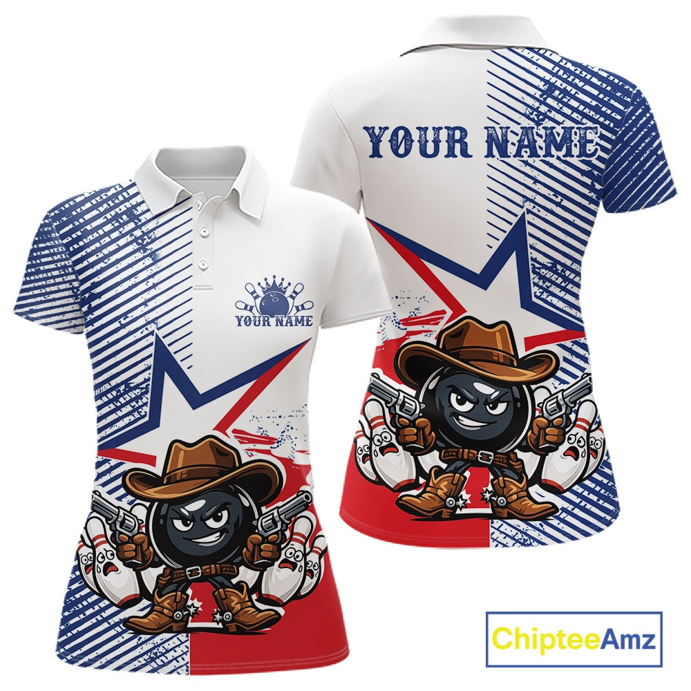 Custom Funny Texas Cowboy Bowling Women Polo Shirt, Texas Flag Bowling League Shirt IPHW11639