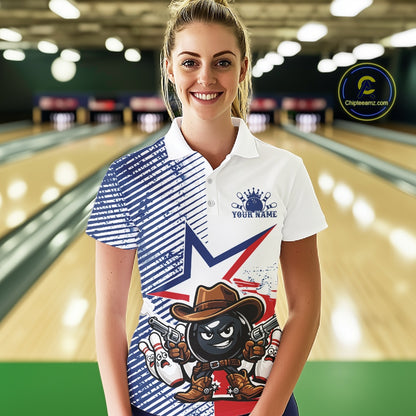 Custom Funny Texas Cowboy Bowling Women Polo Shirt, Texas Flag Bowling League Shirt IPHW11639