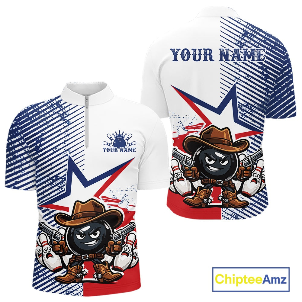 Custom Funny Texas Cowboy Bowling Men Quarter Zip Shirt, Texas Flag Bowling League Shirt IPHW11639