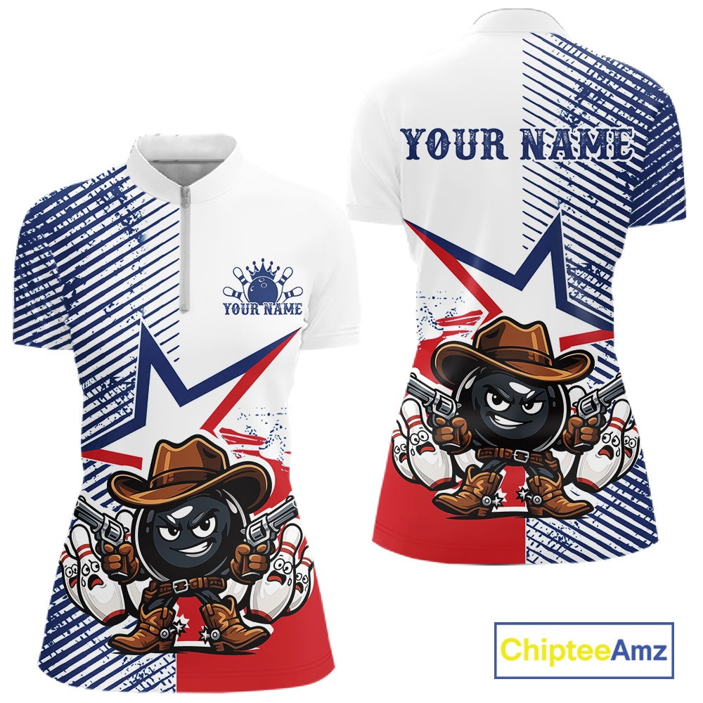 Custom Funny Texas Cowboy Bowling Women Quarter-Zip Shirt, Texas Flag Bowling Shirt IPHW11639
